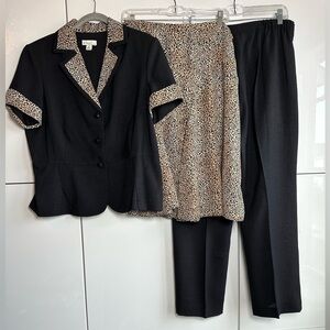 Kim Rogers 3 Piece Suit Black Jacket and Pant Leopard Print Skirt Size 16